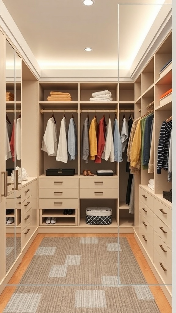 A modern walk-in closet with organized shelves, drawers, and hanging clothes.
