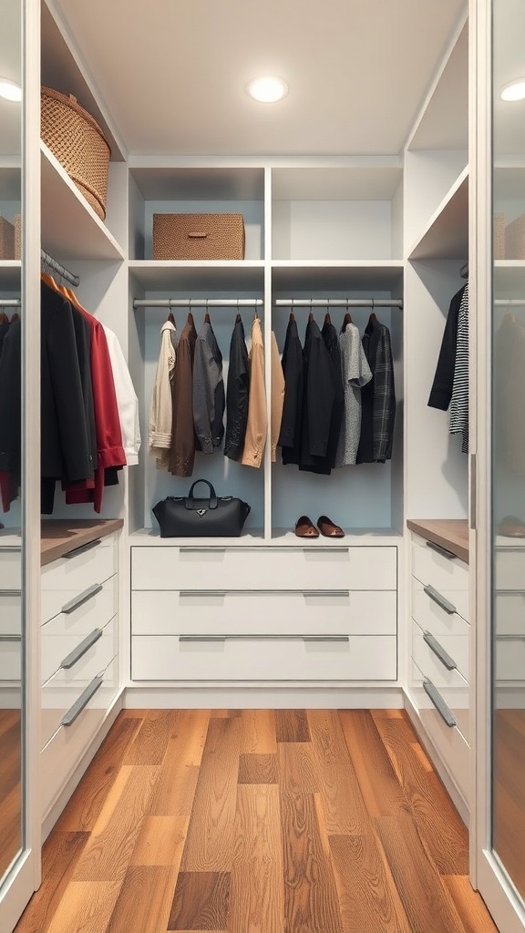 A well-organized walk-in closet with shelves, hanging clothes, and drawers.