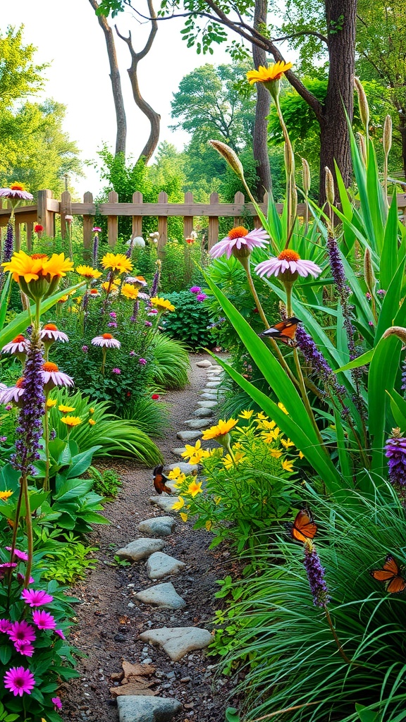 A colorful garden path lined with flowers and butterflies, showcasing native plants.
