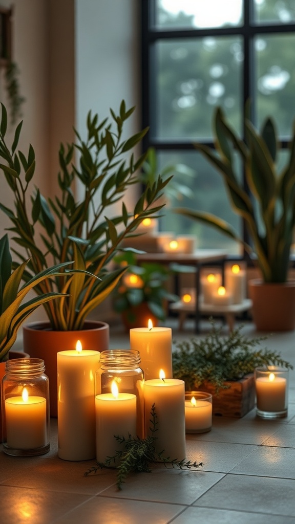 A cozy arrangement of plant-based candles surrounded by greenery.