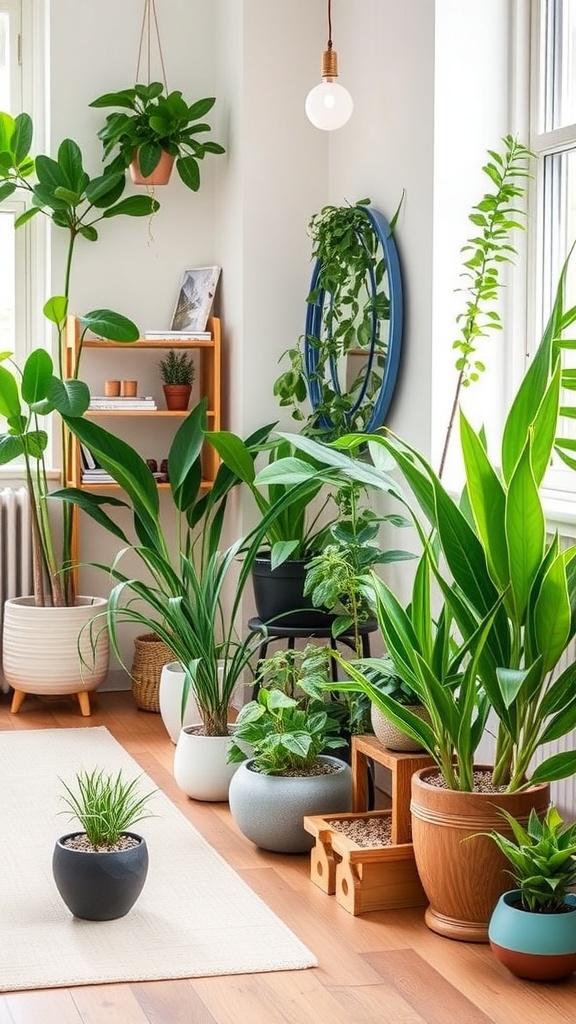 A cozy room filled with various indoor plants in stylish pots, creating a vibrant and inviting atmosphere.