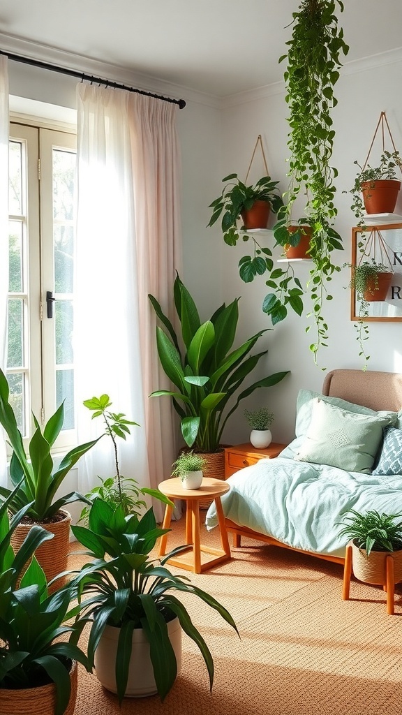 A boho-style bedroom featuring various plants, including hanging and potted greenery, with sage green bedding and warm wooden furniture.