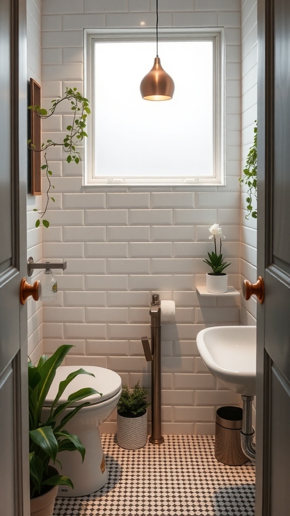 A small bathroom with plants, featuring a window, a hanging light, and a modern design.