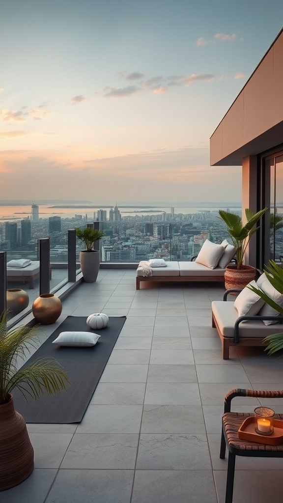 Dachterrasse mit Yogamatte, Kissen und Pflanzen, ideal für Yoga und Meditation