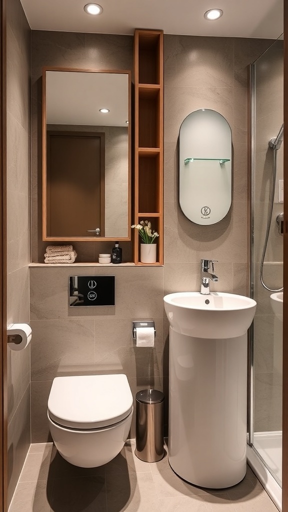 Kleines Japandi-Badezimmer mit Blick auf das Wasser, runder Badewanne und minimalistischer Einrichtung.