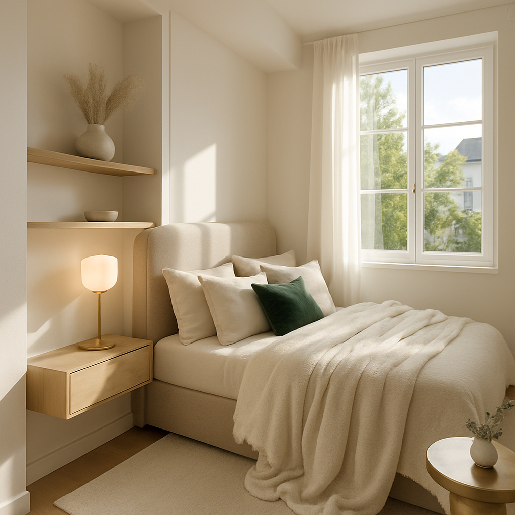 Kleines, stilvolles Schlafzimmer mit hellem Farbkonzept und praktischen Regalen.