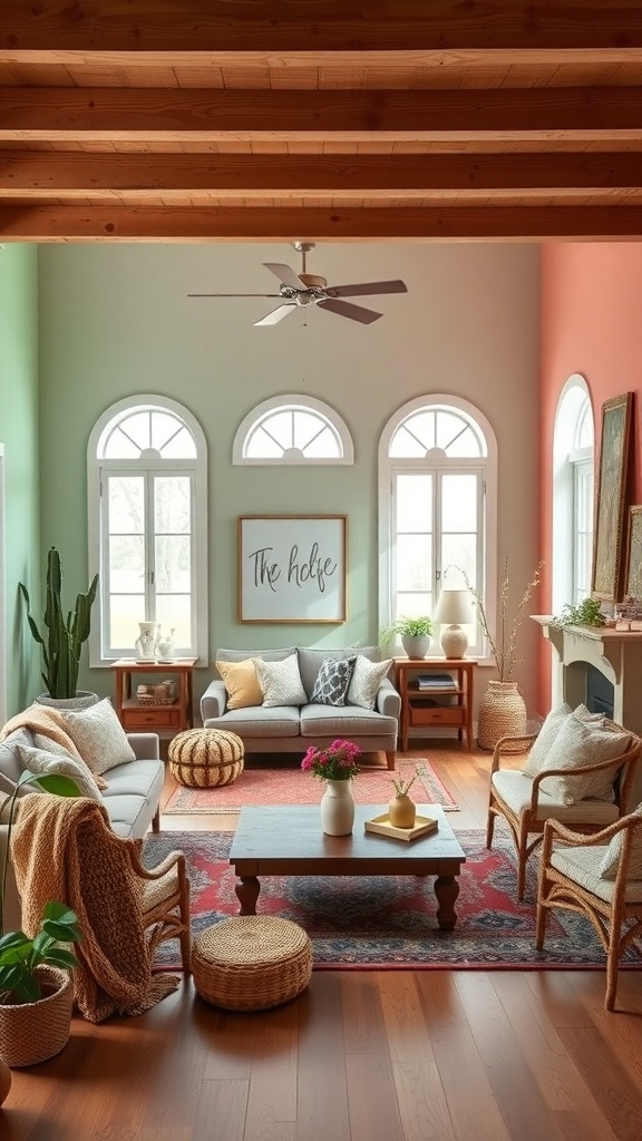 A vibrant living room with two-tone walls in green and coral, featuring gray sofas, woven accents, and natural light from arched windows.