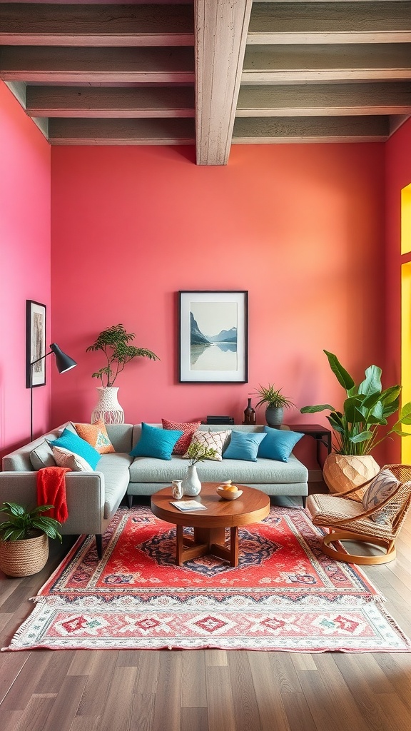 A cozy living room with pink walls, a gray sofa adorned with colorful cushions, a patterned rug, and plants.