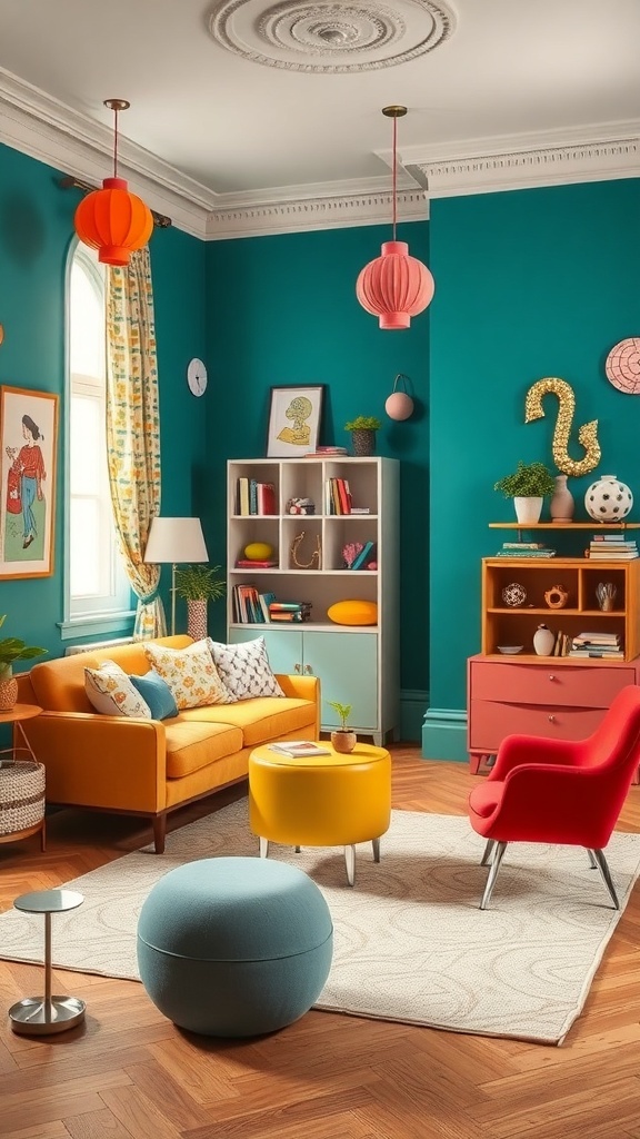 Ein farbenfrohes Wohnzimmer mit verspielten Möbeln und Dekorationen.