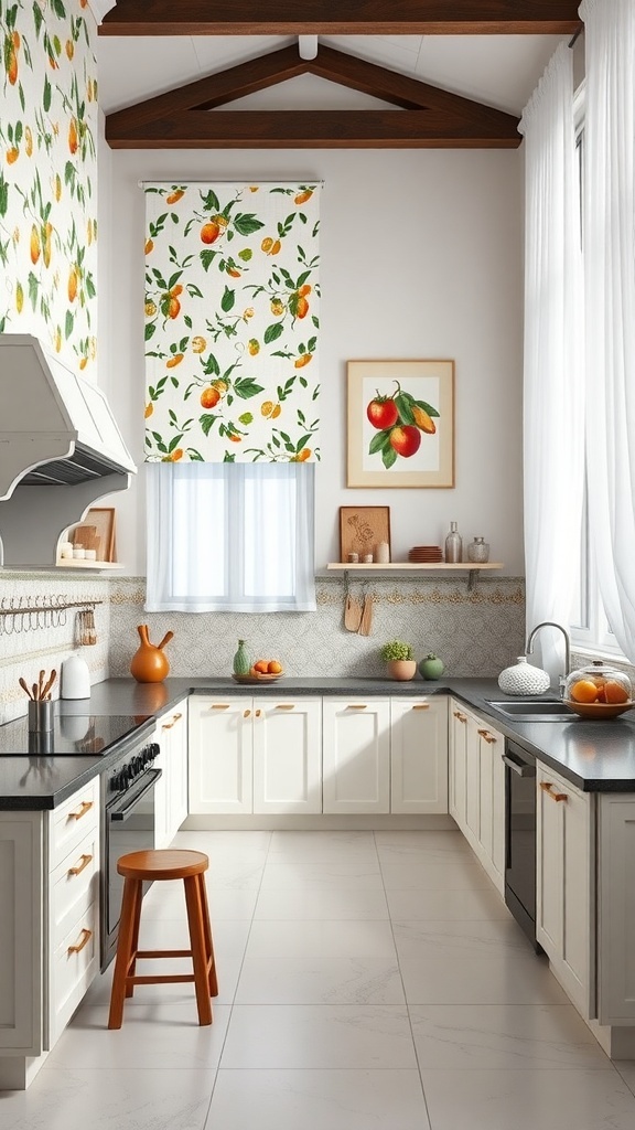 A bright kitchen featuring playful fruit and veggie motifs on the walls and window treatments.