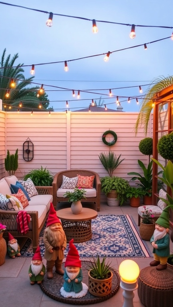 A cozy patio with garden gnomes and statues, surrounded by plants and string lights.