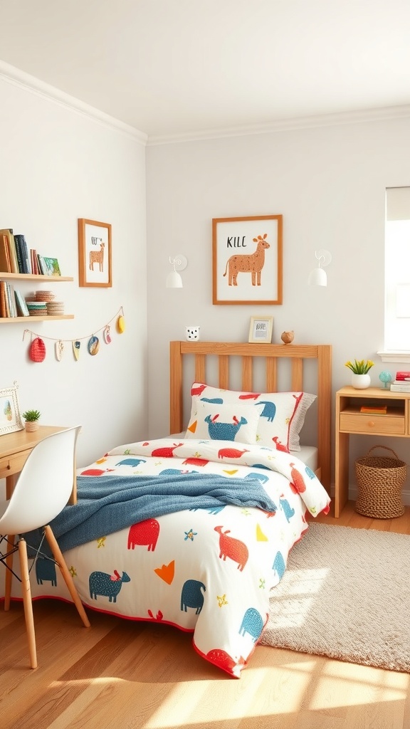 A playful kids' room featuring colorful animal-themed bedding, a wooden bed frame, and cheerful wall art.