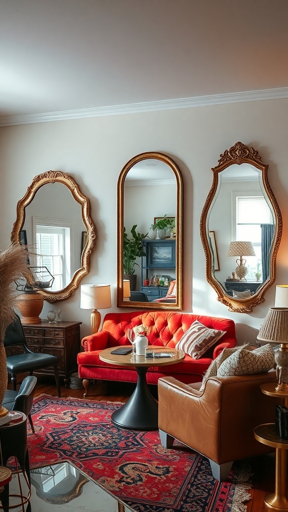 A cozy living room featuring three ornate mirrors, a red sofa, and a round coffee table.
