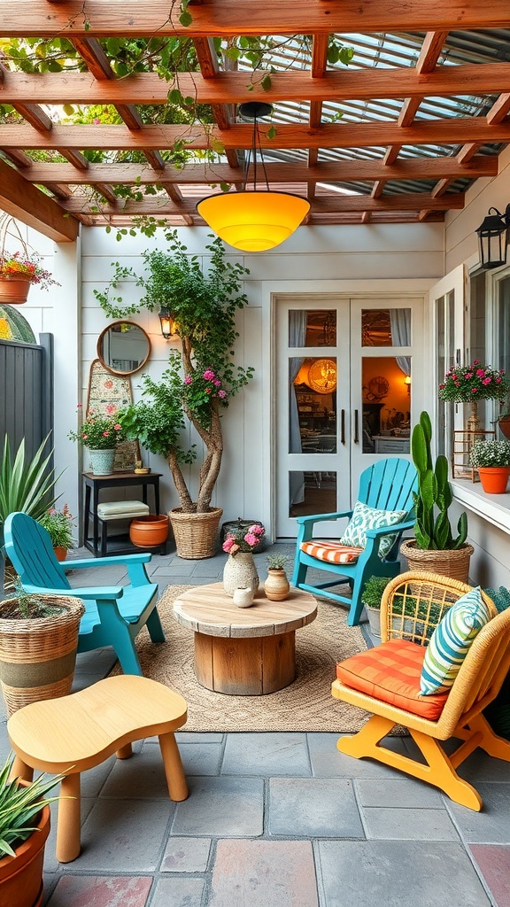 Colorful outdoor patio with blue and orange chairs, wooden table, and potted plants.