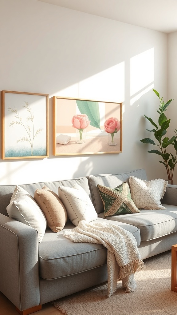 A cozy living room featuring a grey sofa with colorful pillows, a warm throw, and floral artwork on the wall.
