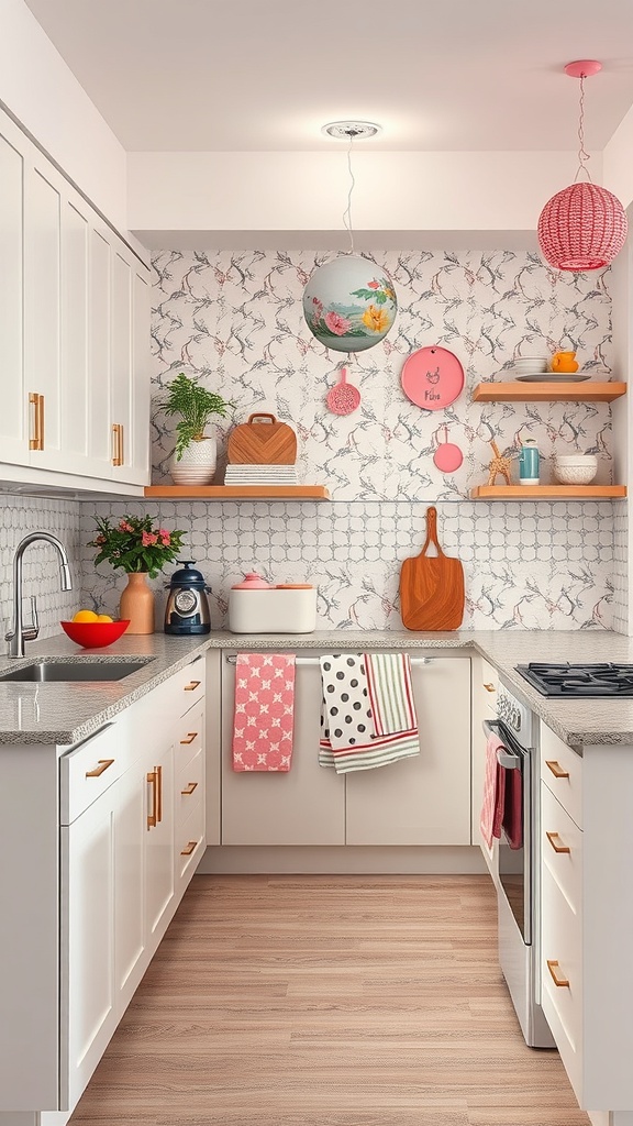 Modern pink kitchen with floral wallpaper and playful accents