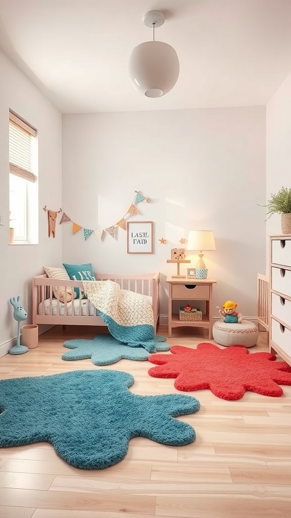 A colorful kids bedroom featuring playful blue and red splash-shaped rugs on light wood flooring.