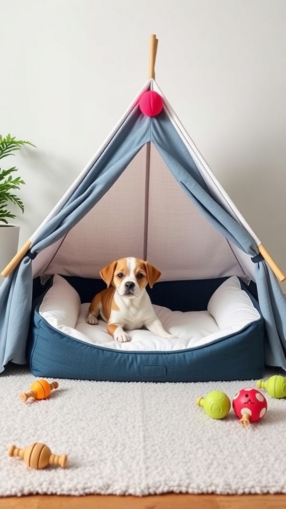 A playful tent bed for puppies with a dog inside and colorful toys around.