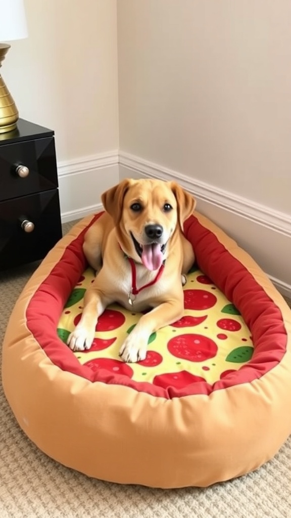 Two playful themed dog beds: one shaped like a hot dog and the other like a pizza, with a happy dog lying in the hot dog bed.