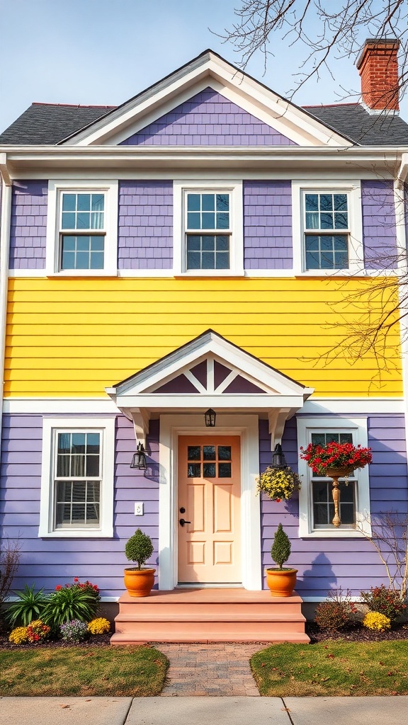 A house with a two-tone exterior painted in yellow and purple, featuring a welcoming front door and colorful flowers.