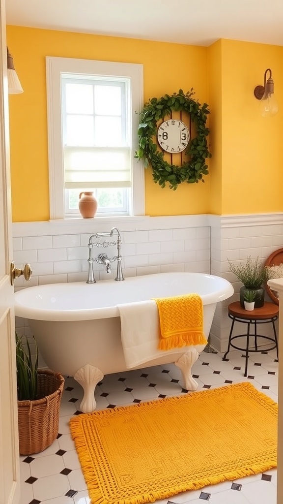 A bright yellow bath mat in a stylish bathroom with a clawfoot tub and yellow walls.