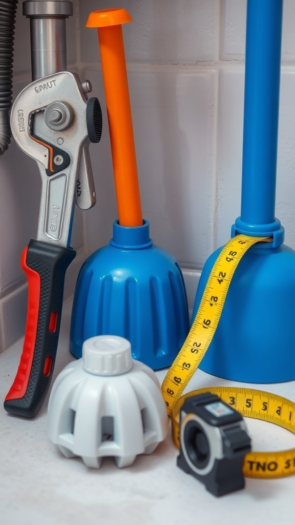 An adjustable wrench, a red plunger, and a measuring tape next to a sink.