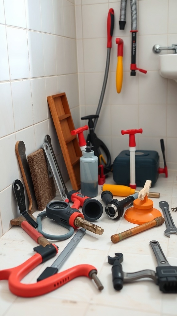 A collection of plumbing tools including plungers, wrenches, and other equipment arranged on a bathroom floor.