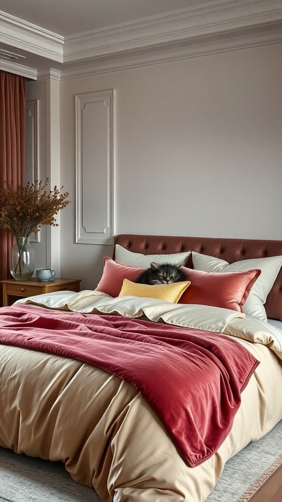 A cozy bedroom with a plush bed featuring layered textiles in warm colors.