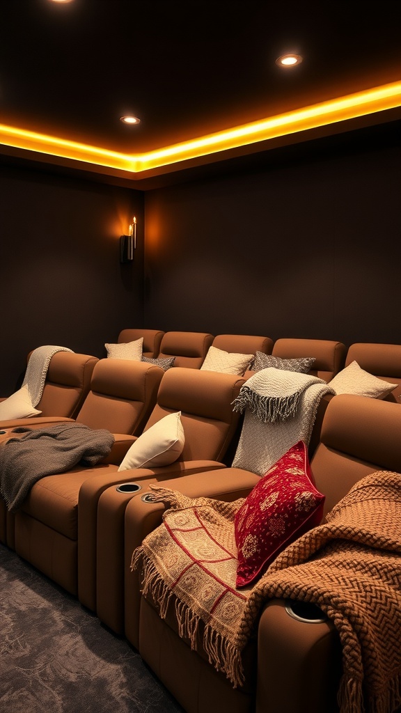 Cozy home theater seating with blankets and pillows