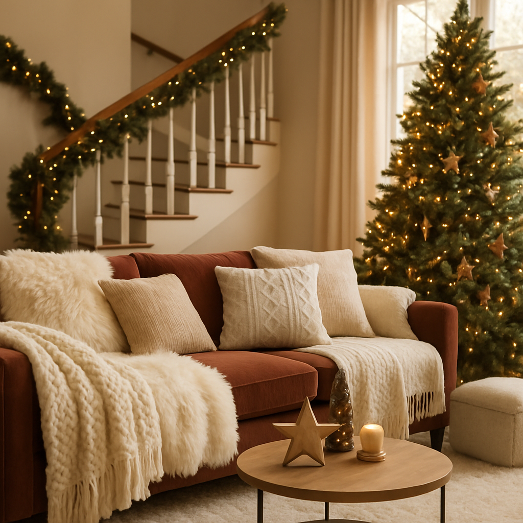 Gemütliches Wohnzimmer mit plüschigen Textilien, einem Sofa, einem Tisch und einem Weihnachtsbaum.