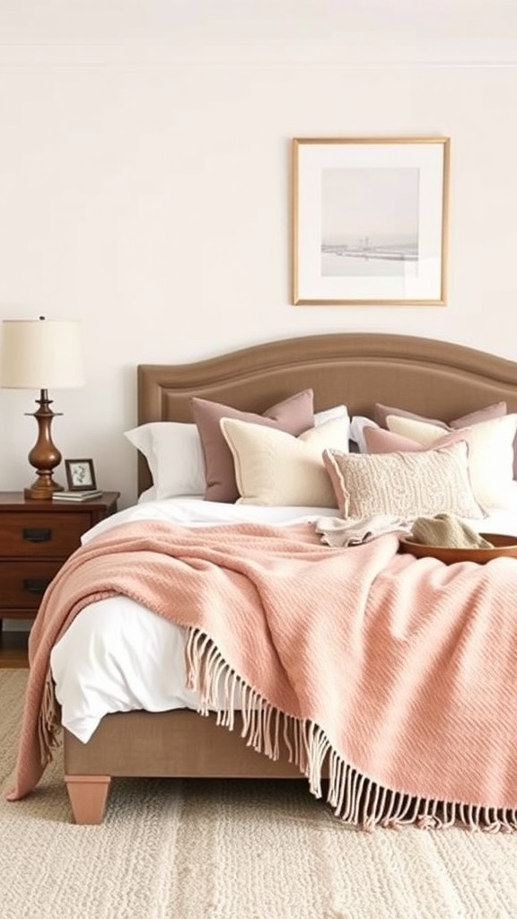 A cozy bedroom featuring a soft pink throw blanket and various decorative pillows on a bed.