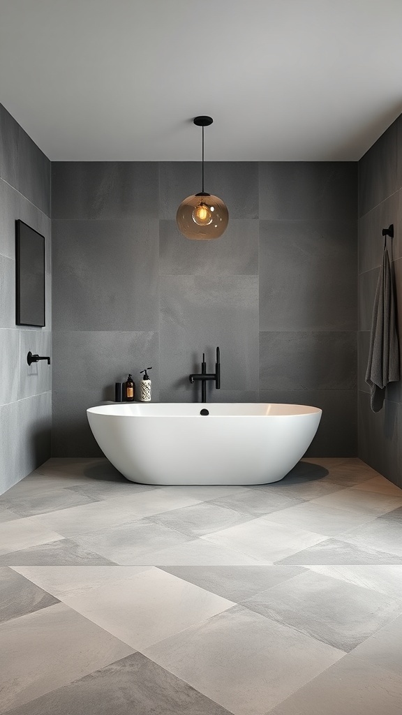 A modern bathroom featuring polished concrete flooring, a white freestanding bathtub, and black fixtures.
