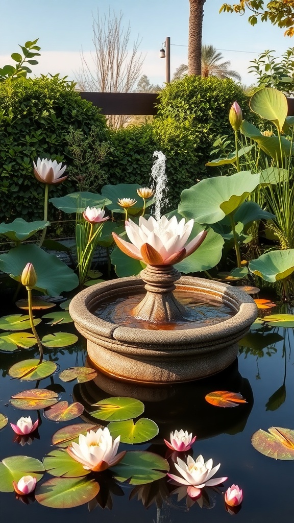 A beautiful pondside fountain surrounded by lotus flowers and lily pads.