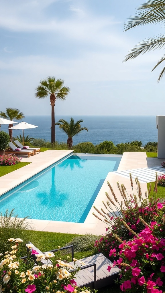 Ein moderner Pool umgeben von bunten Blumen und Palmen mit Blick auf das Meer.
