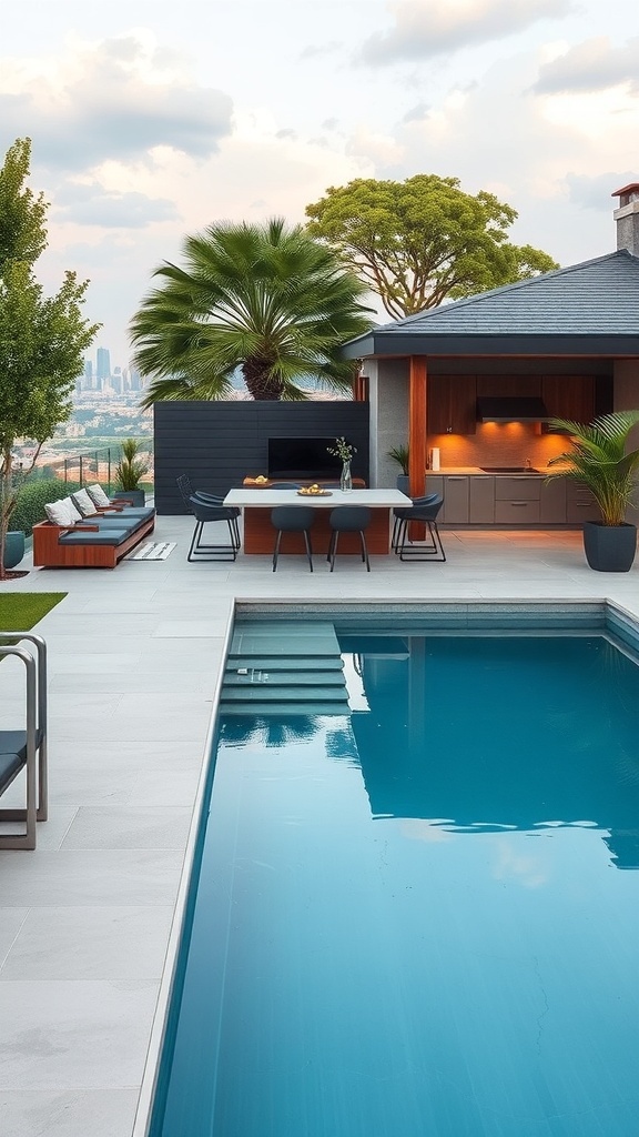 Ein moderner Pool mit angrenzendem Outdoor-Küchenbereich, umgeben von stilvollen Möbeln und Pflanzen.
