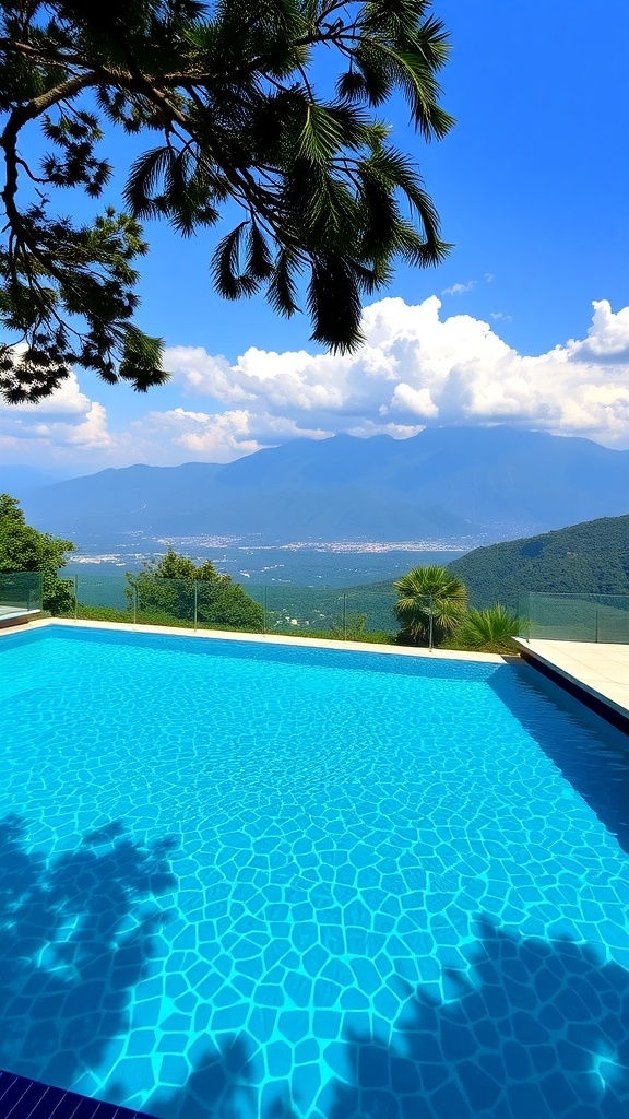 Ein Pool mit Blick auf die Berge, umgeben von Natur und klaren Himmel.