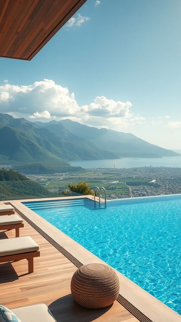 Ein moderner Swimming Pool mit Blick auf Berge und eine Stadt im Tal