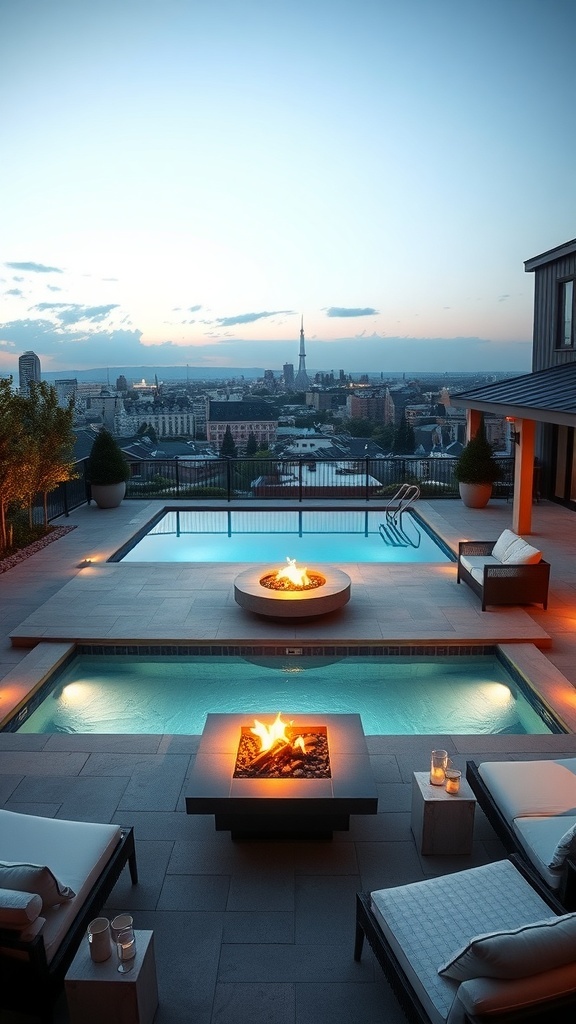 Ein luxuriöser Pool mit einer Feuerstelle und einem Sitzbereich, umgeben von einer schönen Aussicht auf die Stadt.