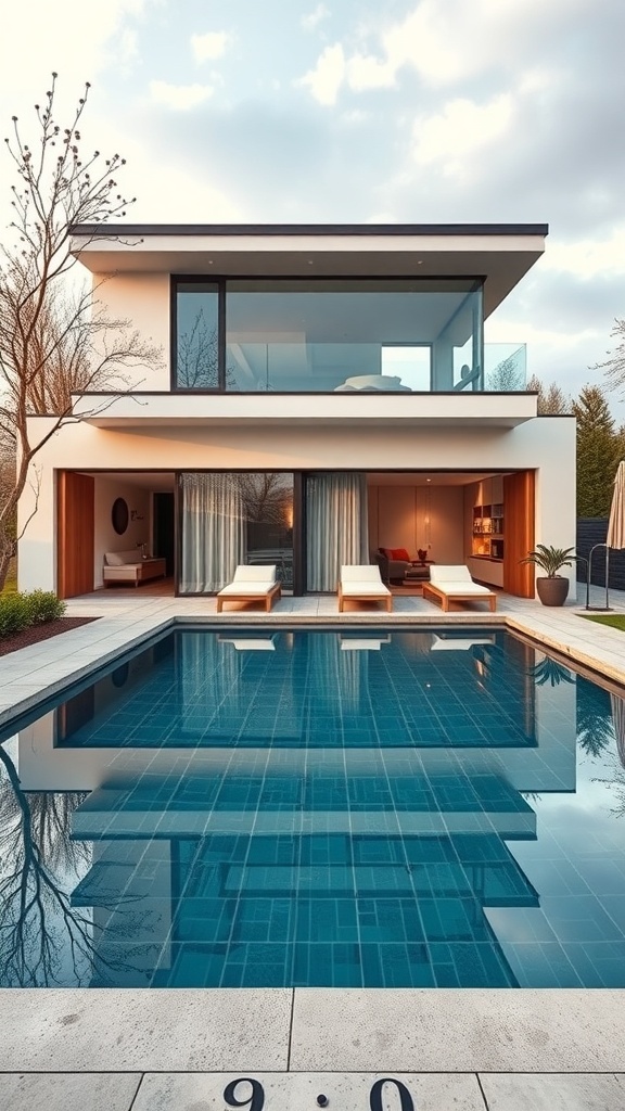 Ein moderner Pool mit Glasboden, umgeben von Liegen und einem eleganten Haus.