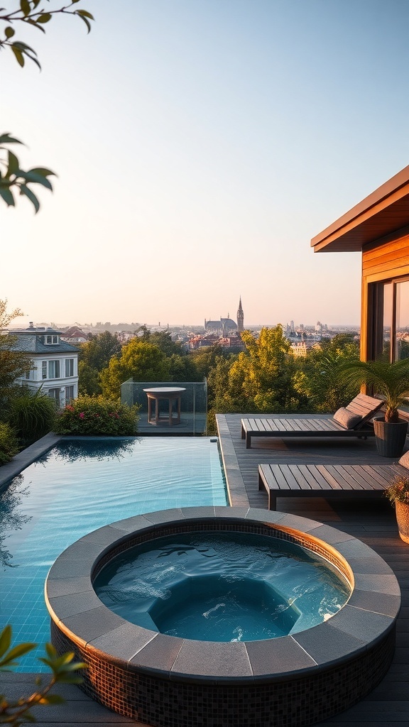 Ein moderner Pool mit integriertem Whirlpool und Blick auf die Stadt bei Sonnenuntergang.