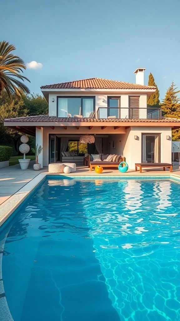 Ein stilvoller Pool mit einem modernen Haus im Hintergrund und bunten Spielzeugen im Wasser.