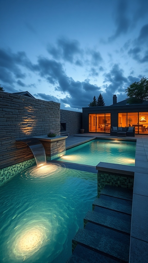 Pool mit Natursteinmauer und Wasserfall bei Nacht
