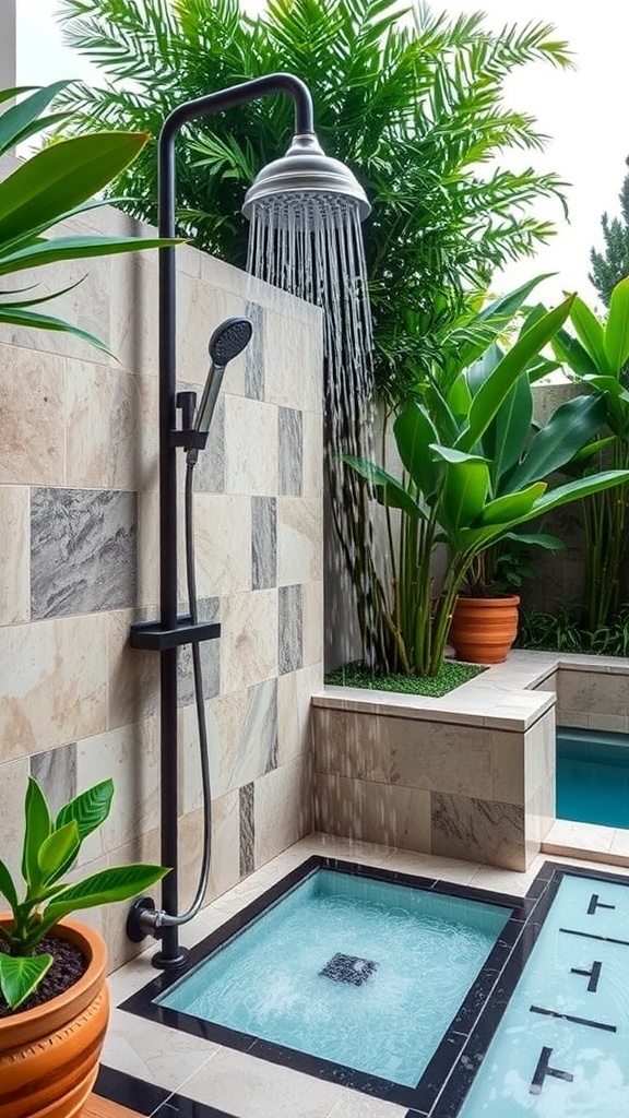 Moderne Outdoor-Dusche neben einem Pool, umgeben von Pflanzen.