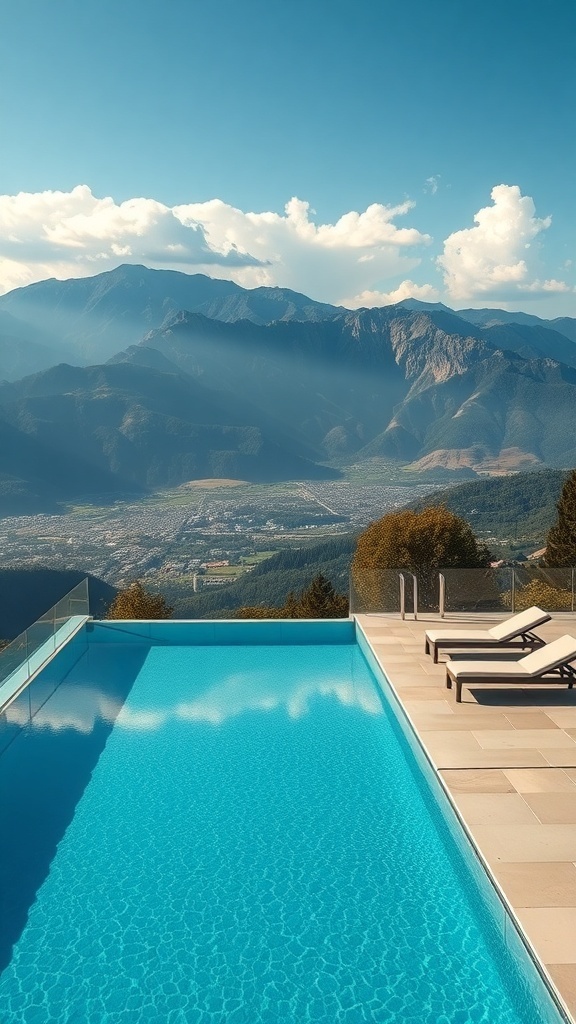 Ein Pool mit Blick auf die Berge, umgeben von Sonnenliegen und einer klaren blauen Wasseroberfläche.