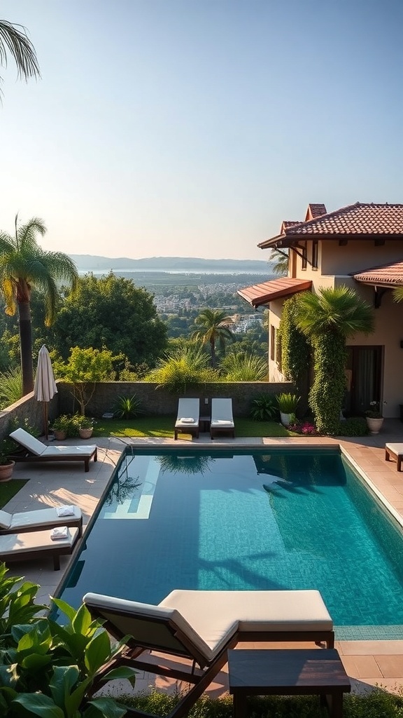 Ein schöner Pool mit Liegen und einem privaten Garten, umgeben von einer malerischen Landschaft.