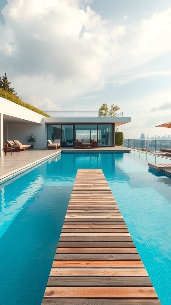 Pool mit schwebendem Holzsteg und modernen Liegen