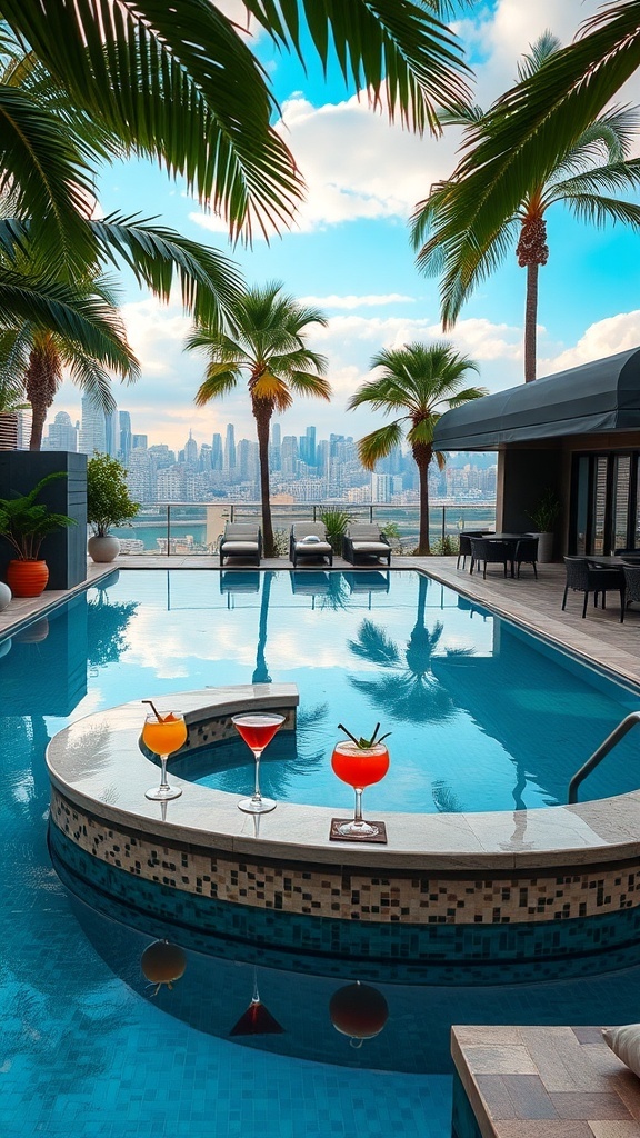 Ein luxuriöser Pool mit Schwimmbar und bunten Cocktails, umgeben von Palmen und einer Stadtansicht im Hintergrund.