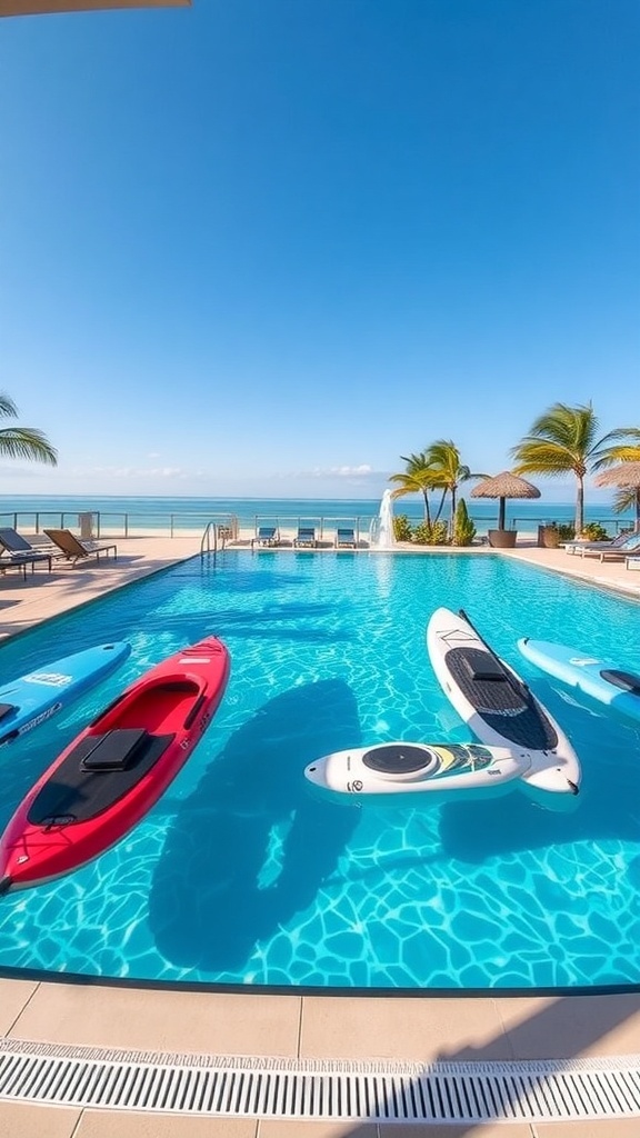 Ein moderner Pool mit einem Stand-Up-Paddleboard und einem Kajak, umgeben von einem stilvollen Haus.