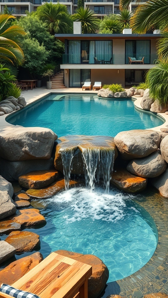 Ein schöner Pool mit Wasserfall, umgeben von Steinen und Pflanzen.