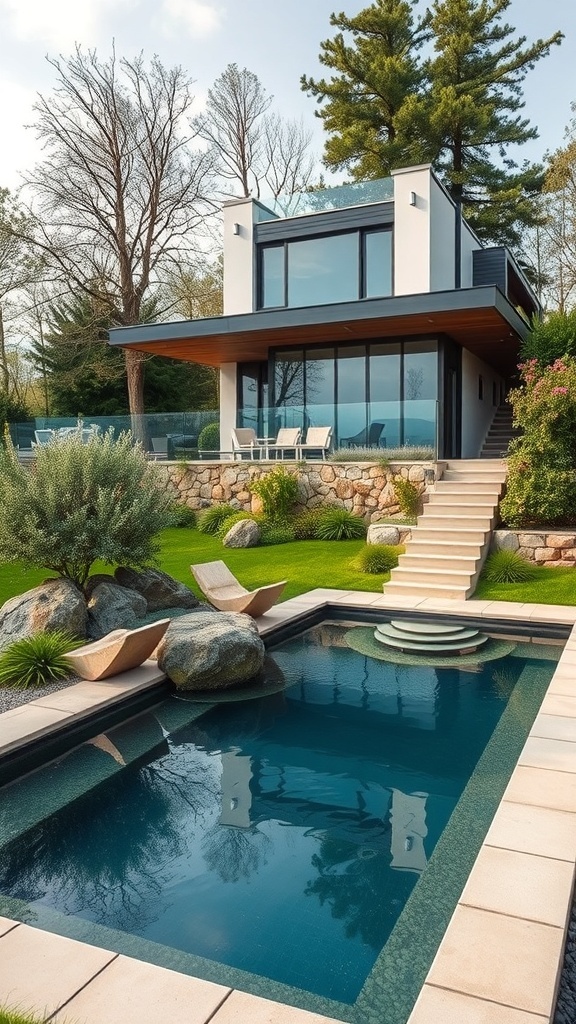 Moderner Naturpool in einem kleinen Garten mit Steinen und Pflanzen